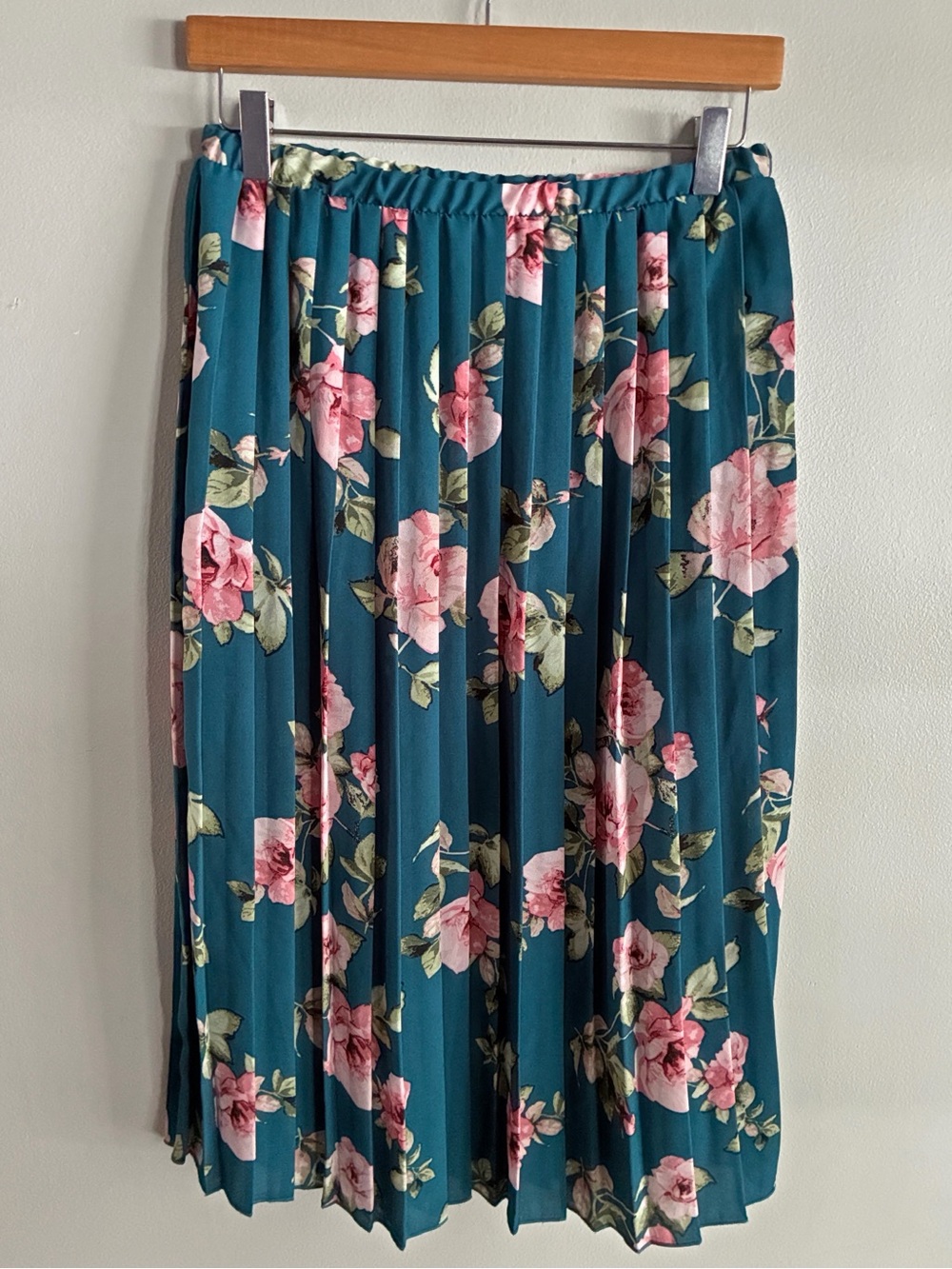 Teal Pink Floral Pleated Midi Skirt Womens M Rose Print Elastic Waist